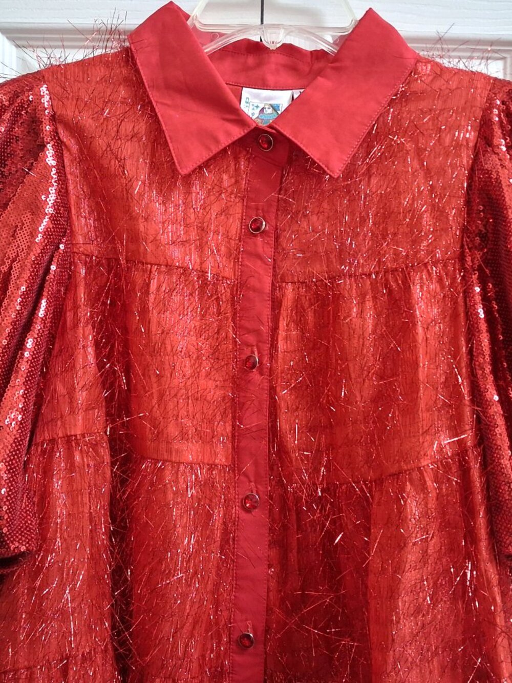 NWOT QUEEN OF SPARKLES Red Tinsel Sequin Poof Sleeve Mini Dress sz M - Picture 2 of 11